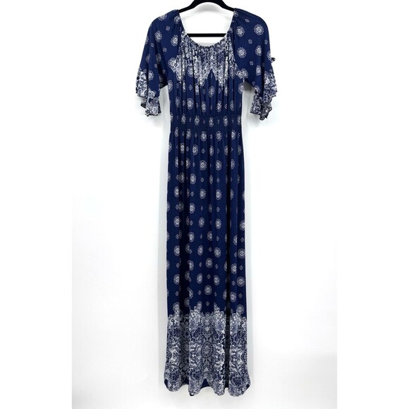 Woman Navy Blue White Paisley Maxi Dress Boho Medallion Bandanna Print Summer 1X - Picture 2 of 11